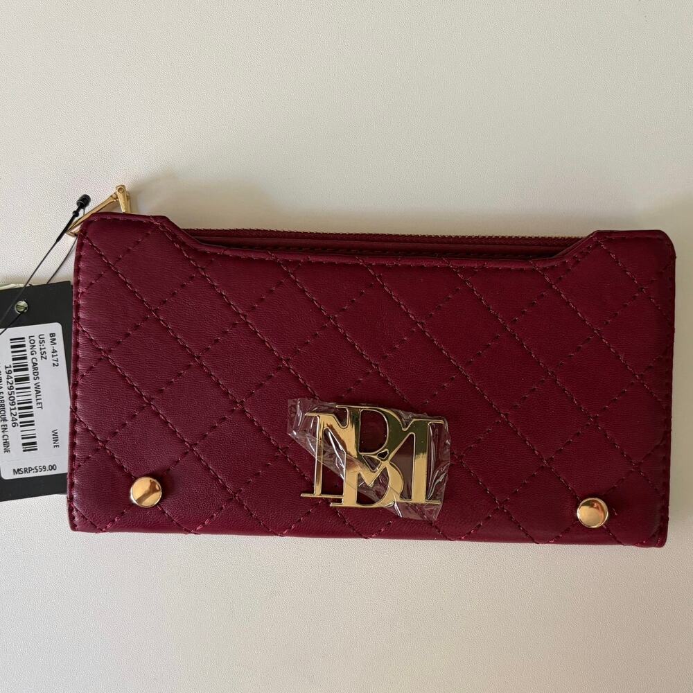 Badgley Mischka Long Card Wallet Quilted Wine Gold BM Logo NWT Old Money Glam